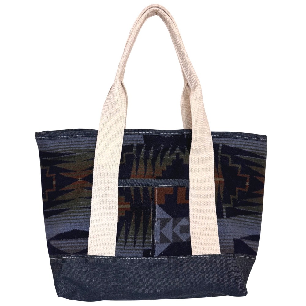 Wool Southwestern Tote Bag Denim Bottom Canvas Straps Aztec Geometric Pendleton